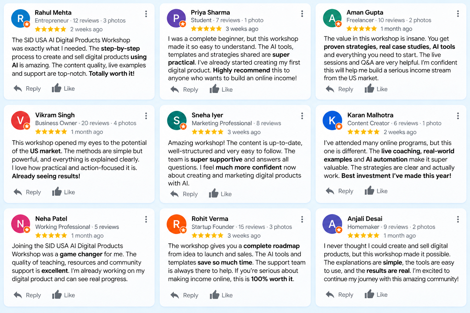 Client reviews for the SID USA AI Digital Products Workshop